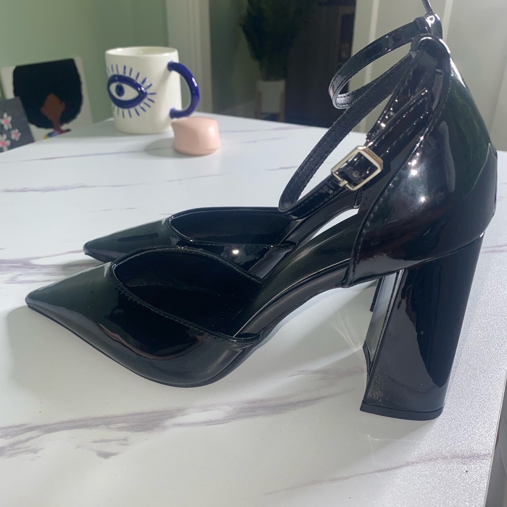 SHEIN Glossy Black Ankle Strap Heels